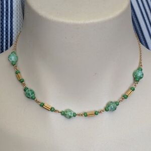 Vintage Necklace Marbled Green Glass & Gold Tone Beads Fine Chain 15" Choker